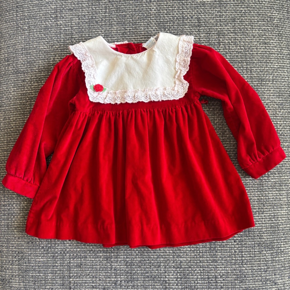 Alexis Vintage 80s Red Velvet Christmas Dress Lace Trim | Size 24 Months - Picture 2 of 6